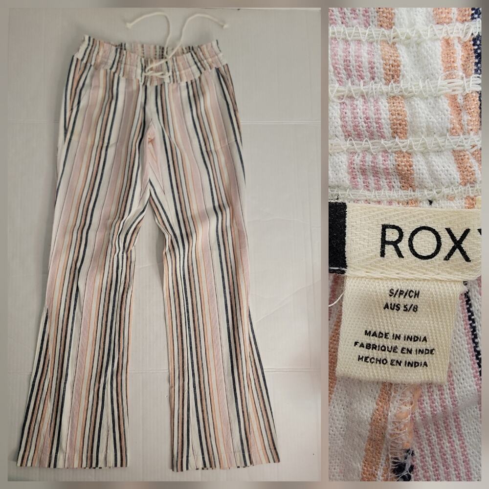 Roxy Linen Blend Pants Sz S Low Rise Straight Wide Leg Drawstring Striped Relax